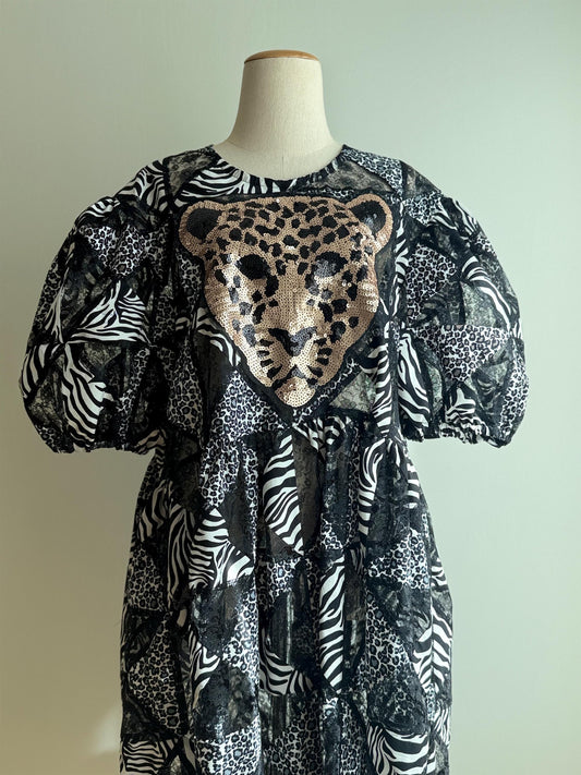 Black & White Animal Print Patchwork Babydoll Dress – One of a Kind