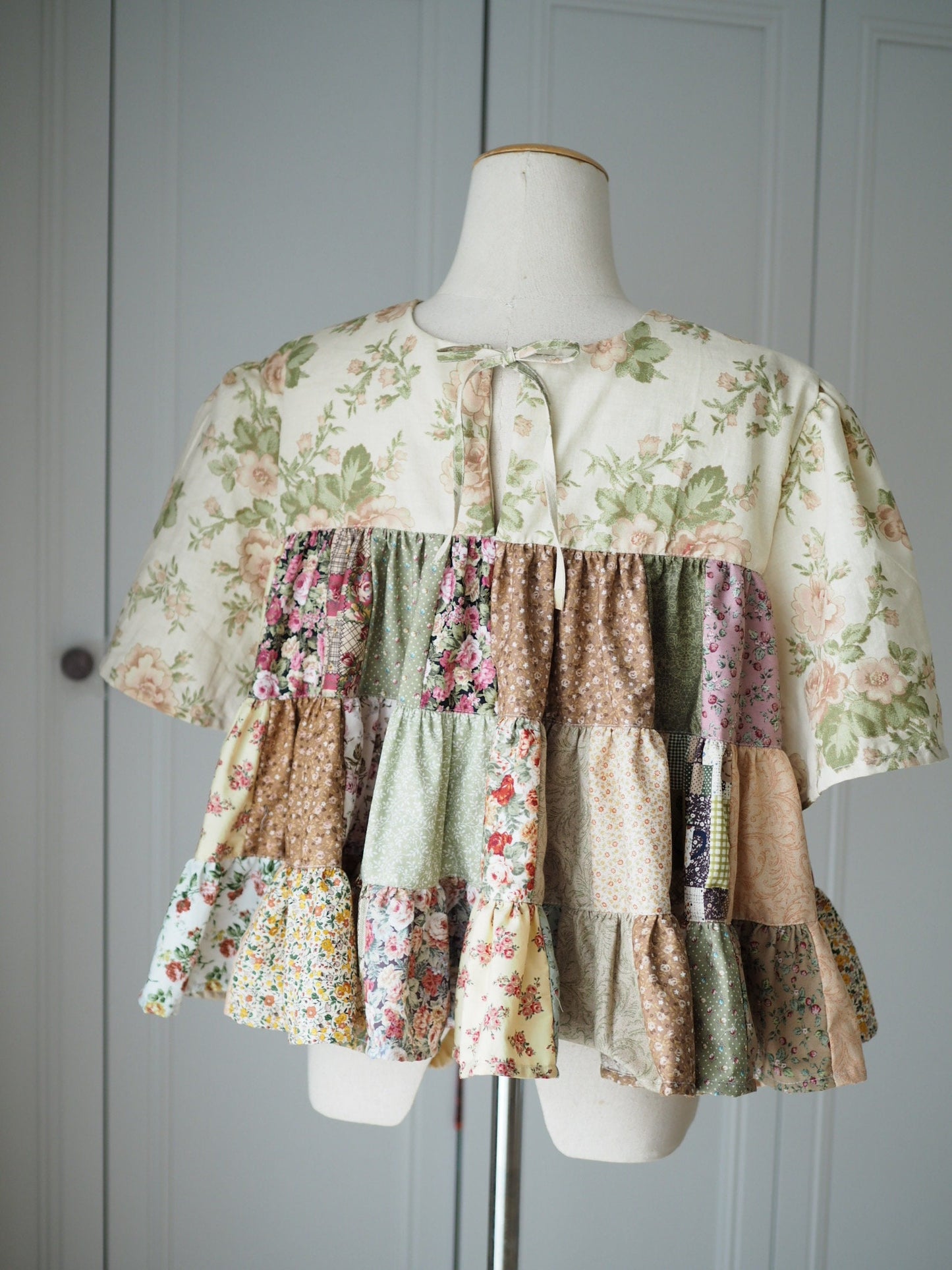 Handmade Floral Patchwork Babydoll Top – Cotton Tiered Blouse