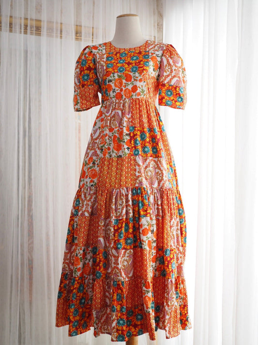Orange Floral Patchwork Babydoll Maxi Dress – One of a Kind