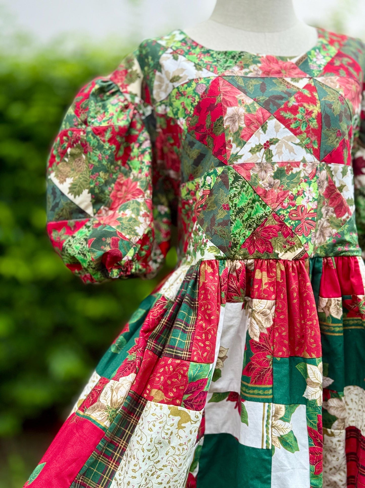 Red & Green Christmas Patchwork Babydoll Dress with Lace – One of a Kind