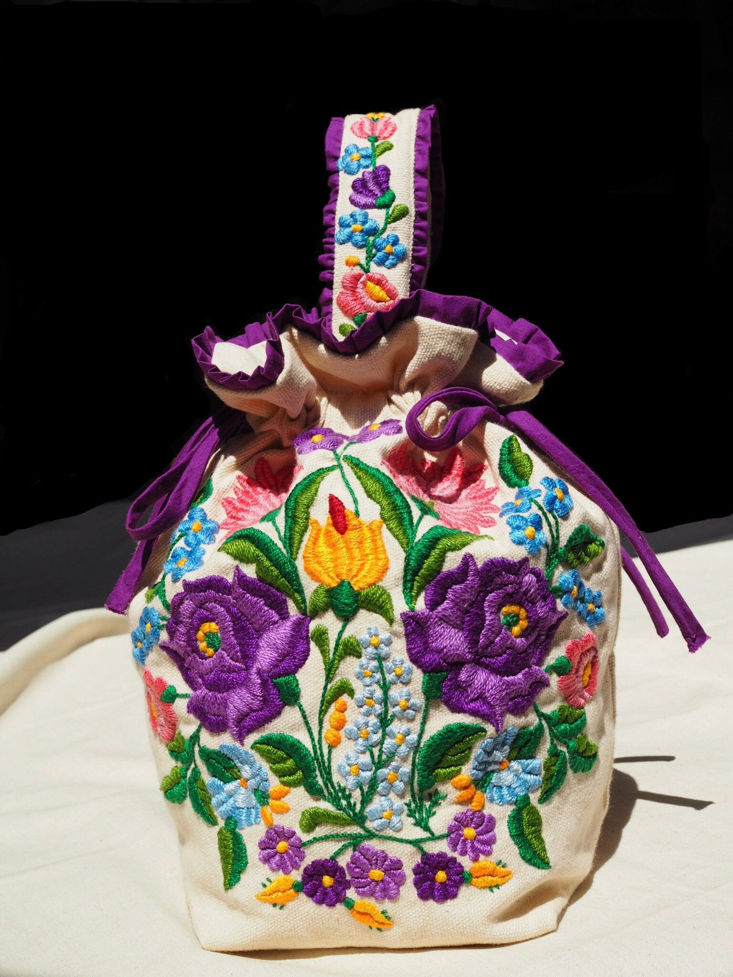 Hand-Embroidered Floral Drawstring Bag – Original Design, One of a Kind
