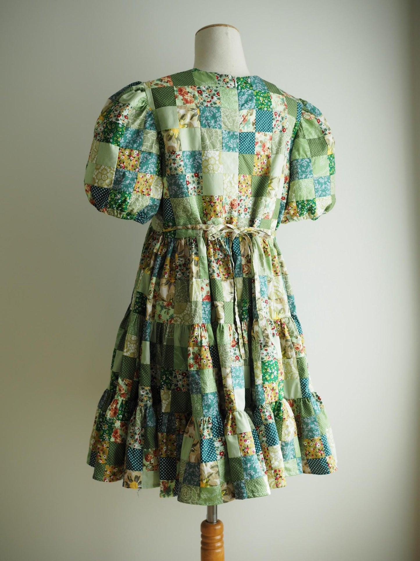 Green Floral Patchwork Babydoll Dress with White Collar – One of a Kind