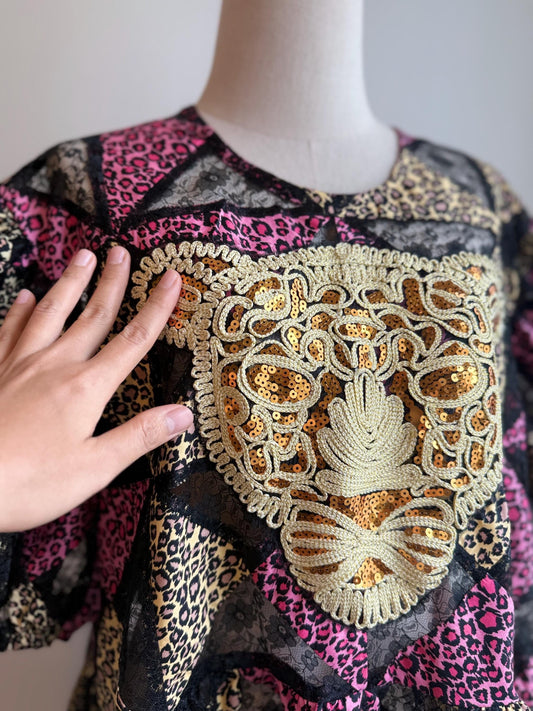Pink Leopard Patchwork Babydoll Dress with Statement Appliqué – One of a Kind