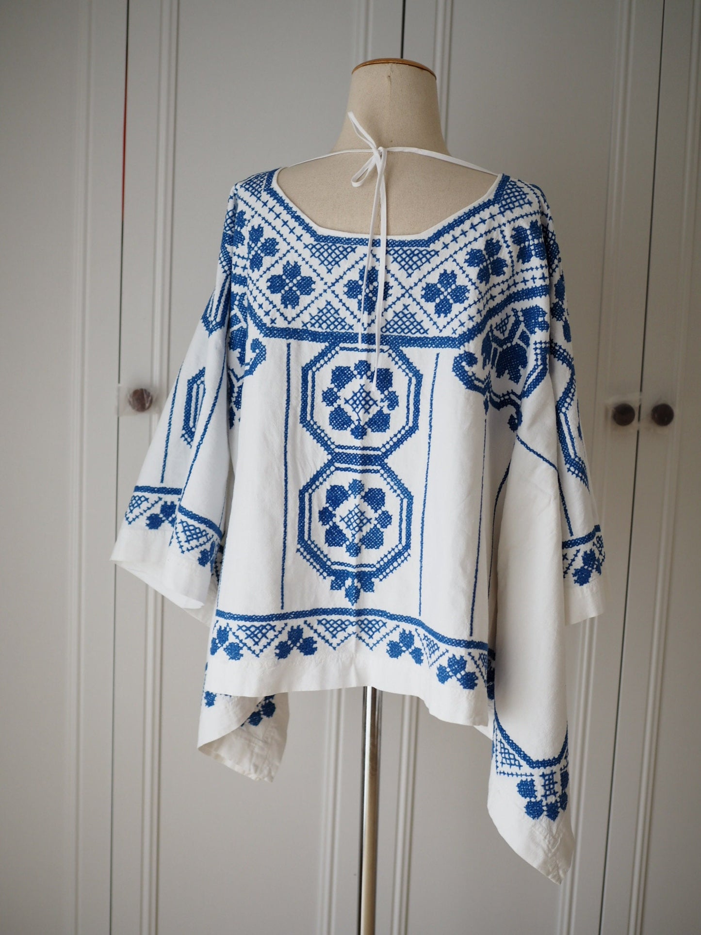 Upcycled Blue Cross-Stitch Linen Poncho Top – One of a Kind