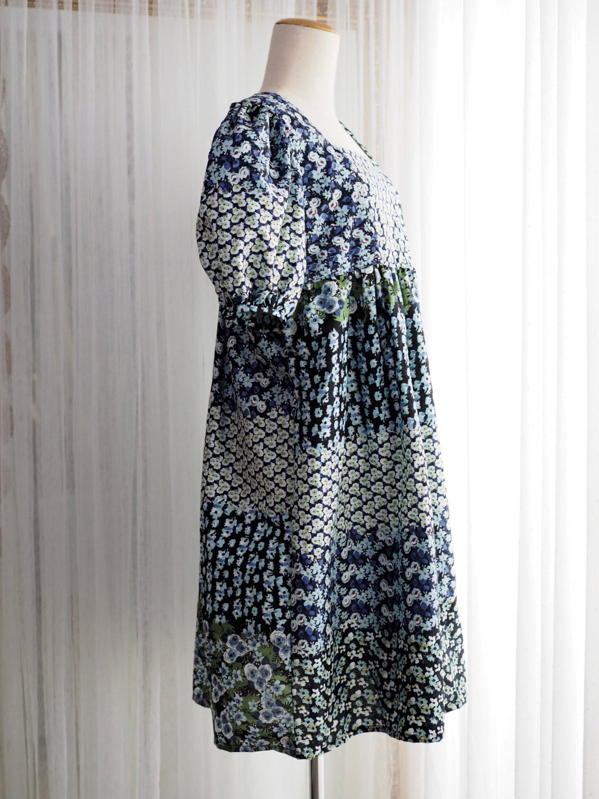 Blue Floral Cotton Babydoll Midi Dress