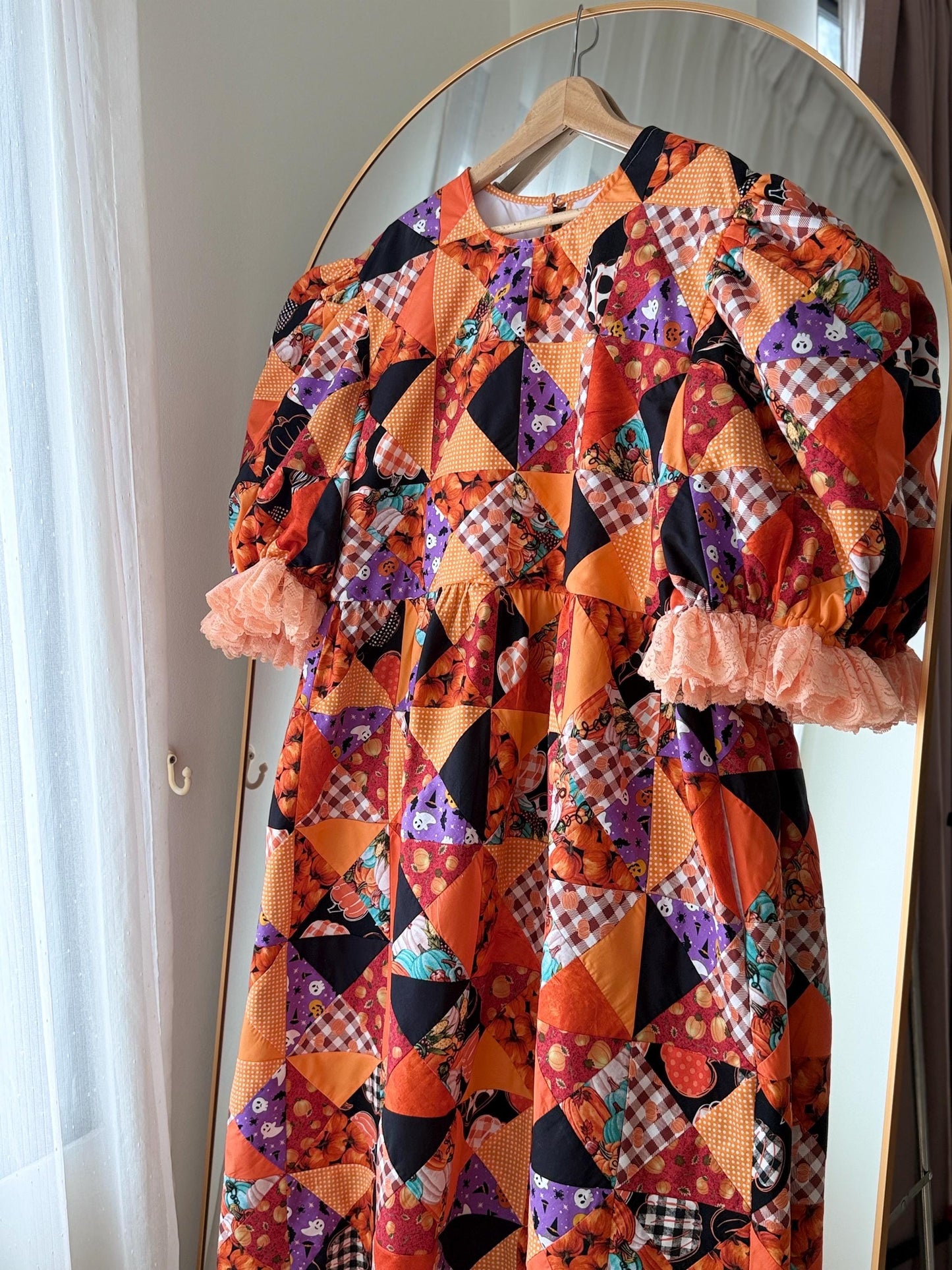 Orange Halloween Patchwork Babydoll Midi Dress with Lace – One of a Kind