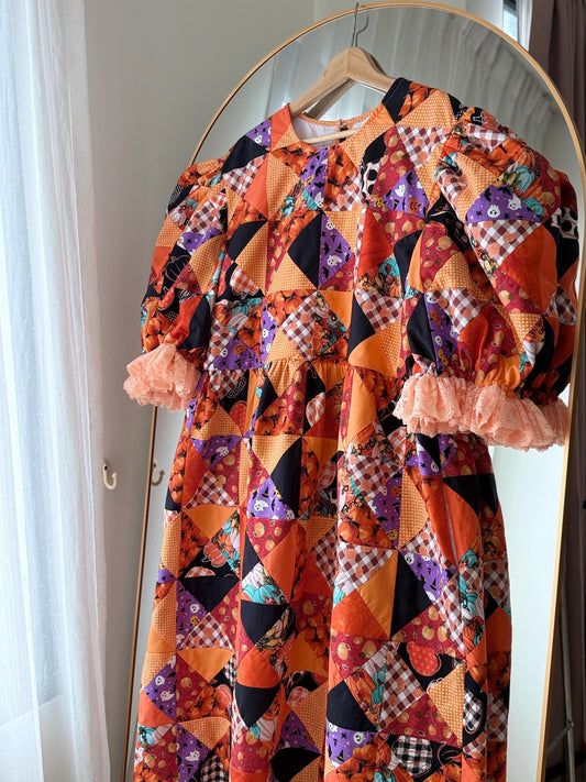Orange Halloween Patchwork Babydoll Midi Dress with Lace – One of a Kind