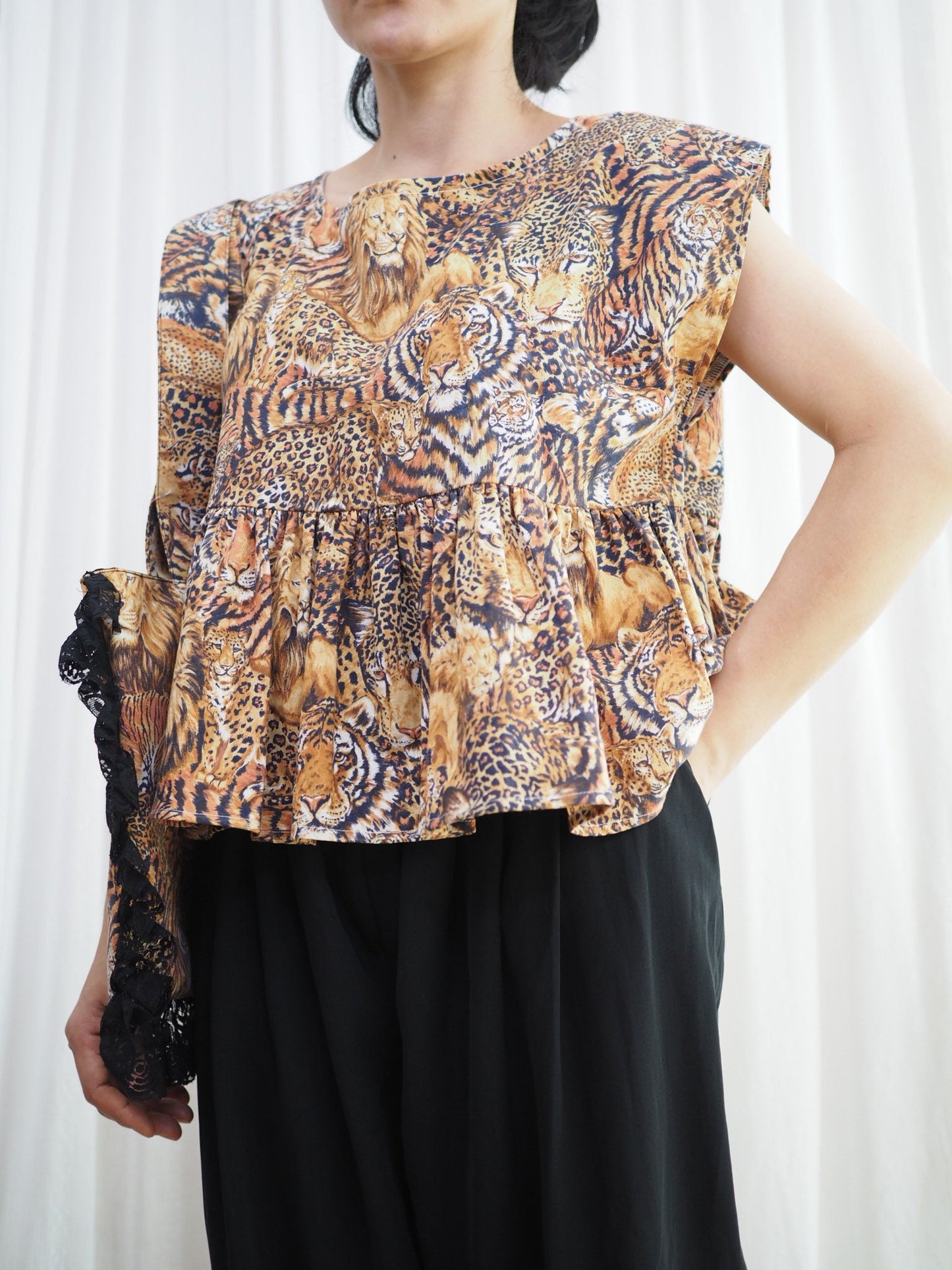 Upcycled Leopard Print Babydoll Top with Matching Lace Bag