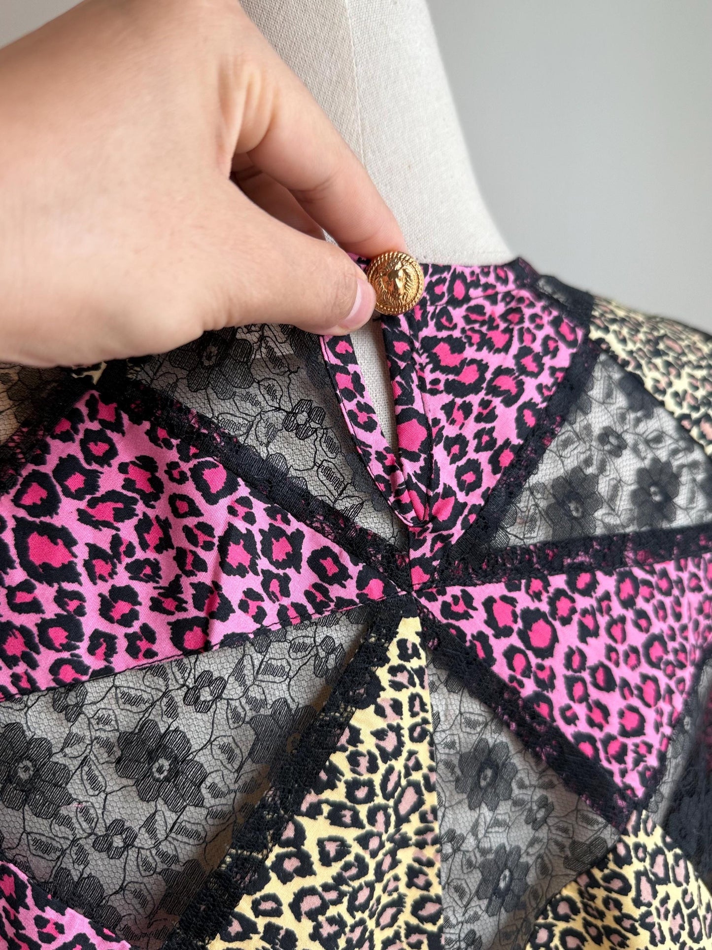 Pink Leopard Patchwork Babydoll Dress with Statement Appliqué – One of a Kind
