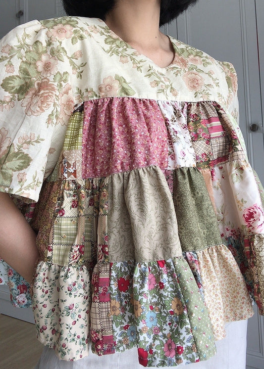 Handmade Floral Patchwork Babydoll Top – Cotton Tiered Blouse