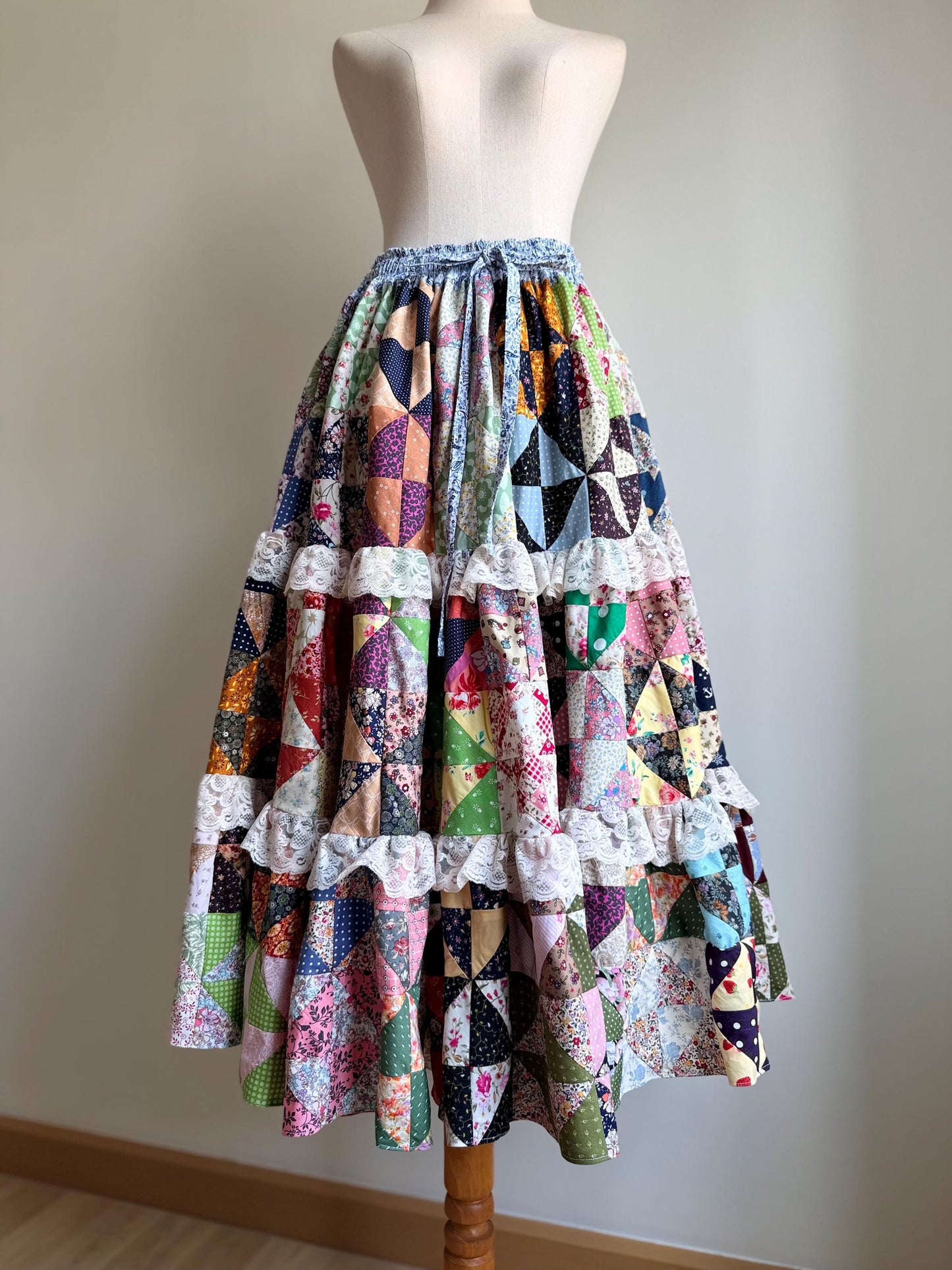 Handmade Patchwork Maxi Skirt – Cotton Quilt Skirt with Lace Trim