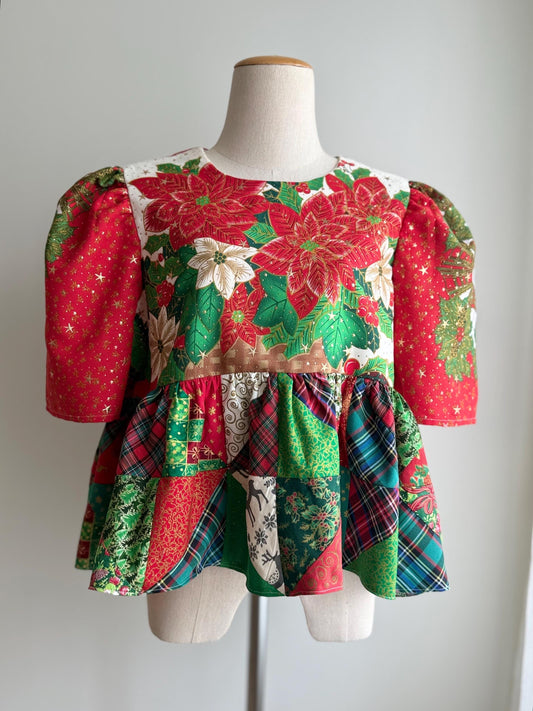 Christmas Patchwork Peplum Blouse – One of a Kind