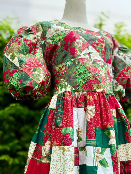 Red & Green Christmas Patchwork Babydoll Dress with Lace – One of a Kind