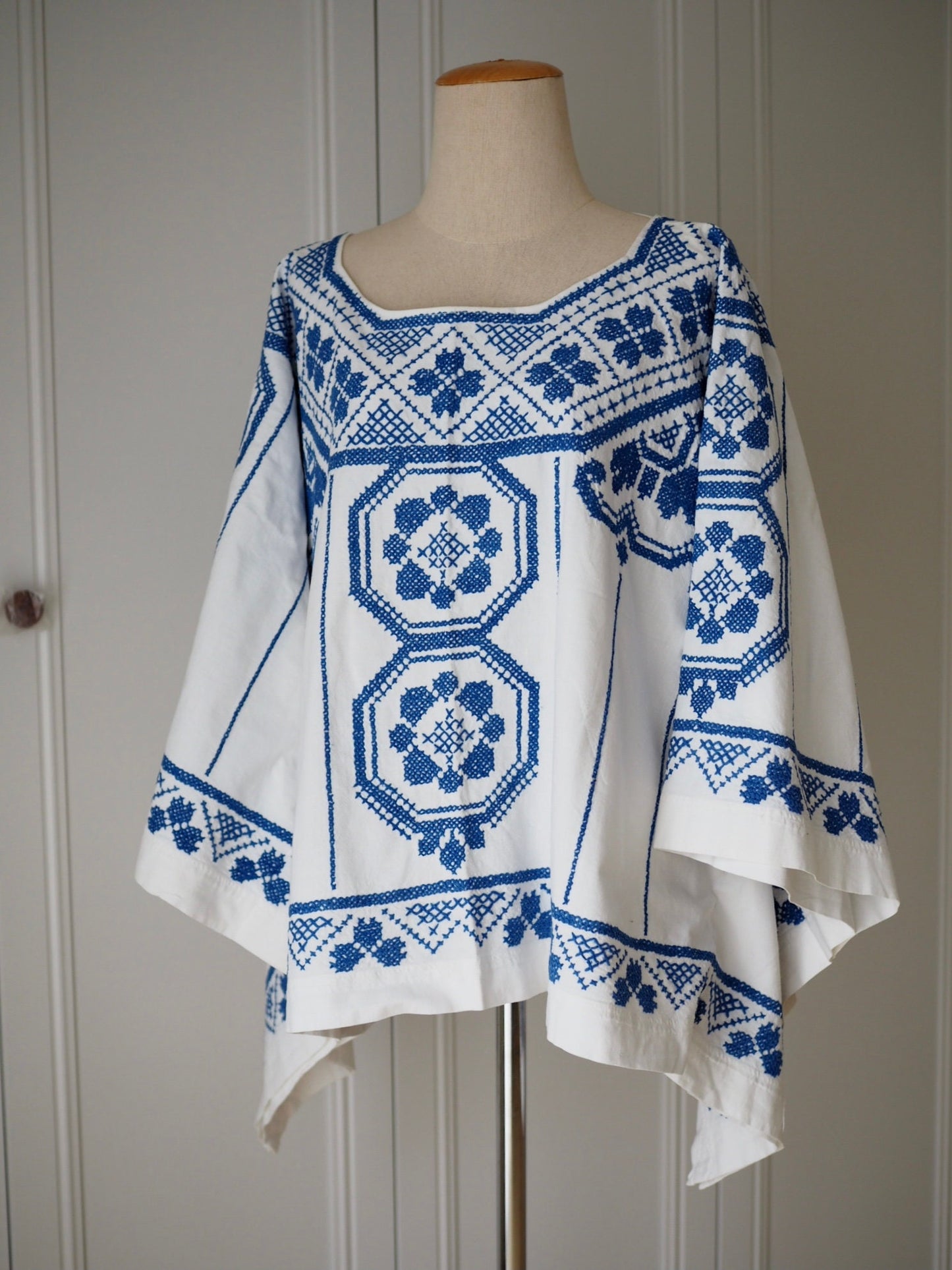Upcycled Blue Cross-Stitch Linen Poncho Top – One of a Kind
