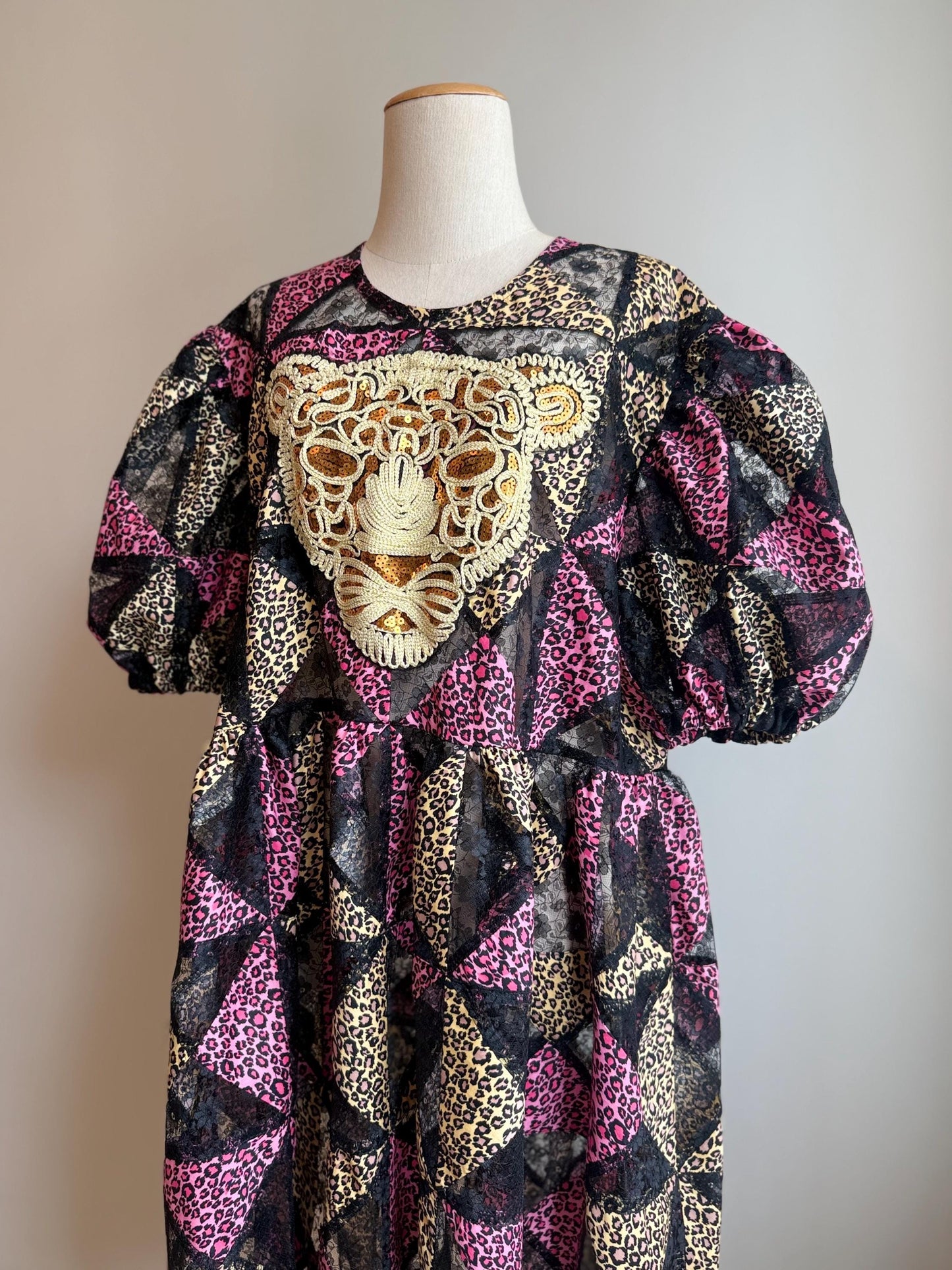 Pink Leopard Patchwork Babydoll Dress with Statement Appliqué – One of a Kind