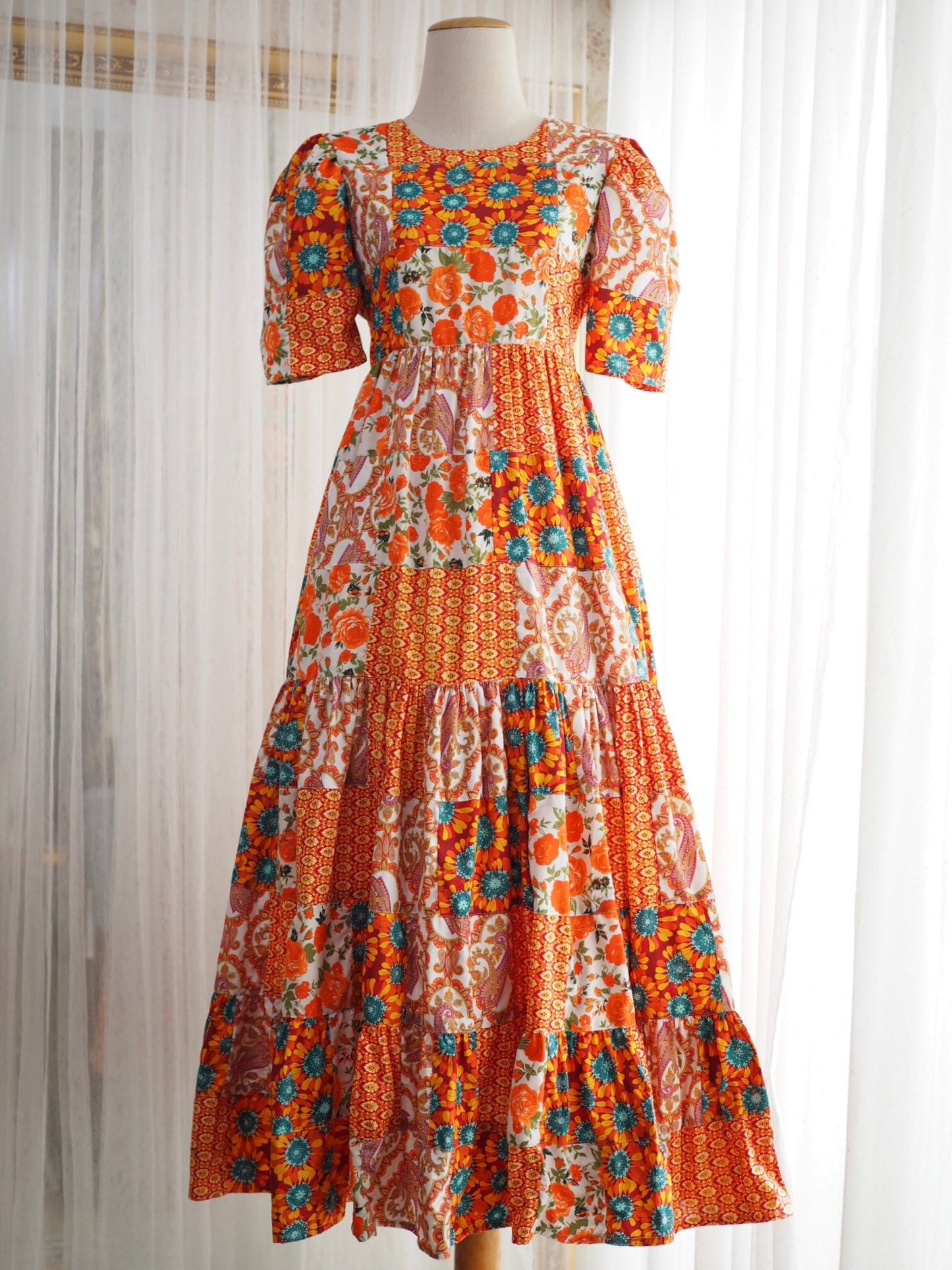 Orange Floral Patchwork Babydoll Maxi Dress – One of a Kind