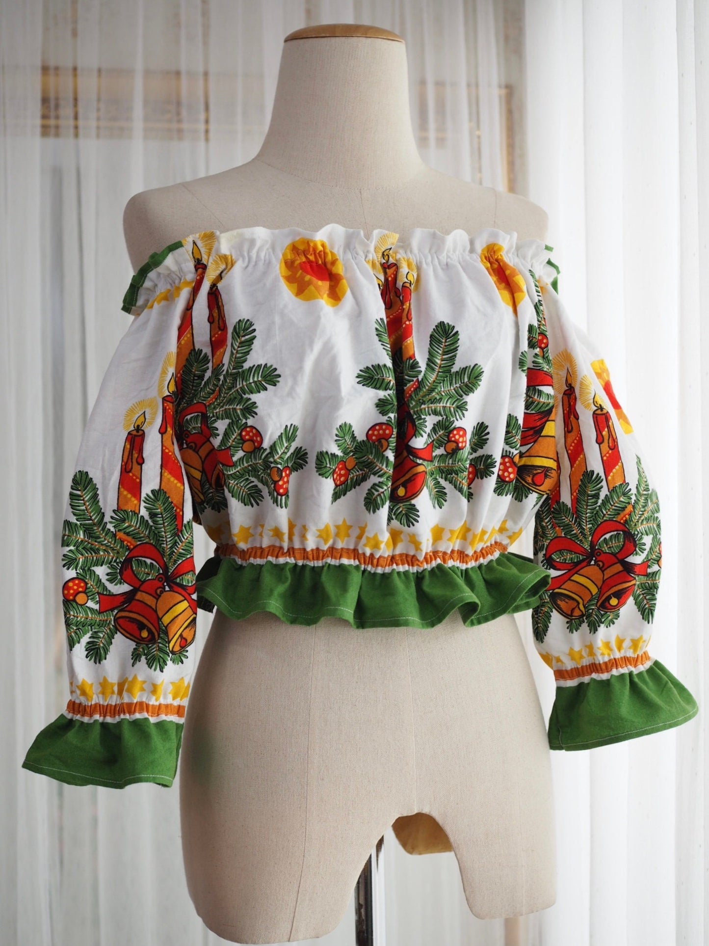 Upcycled Christmas Tablecloth Off-Shoulder Crop Top – One of a Kind