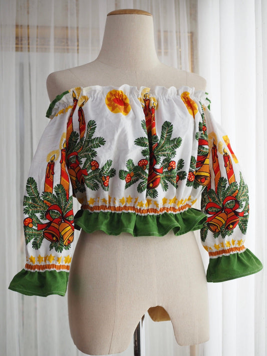 Upcycled Christmas Tablecloth Off-Shoulder Crop Top – One of a Kind