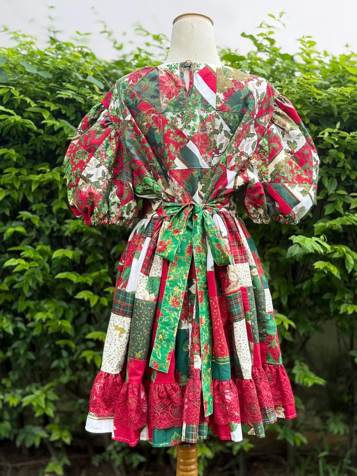 Red & Green Christmas Patchwork Babydoll Dress with Lace – One of a Kind