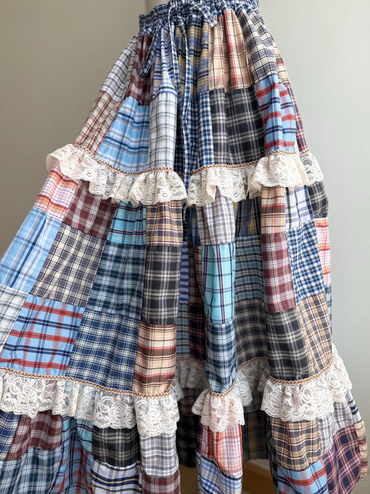 Handmade Plaid Patchwork Maxi Skirt – Cotton Tiered Skirt with Lace Trim