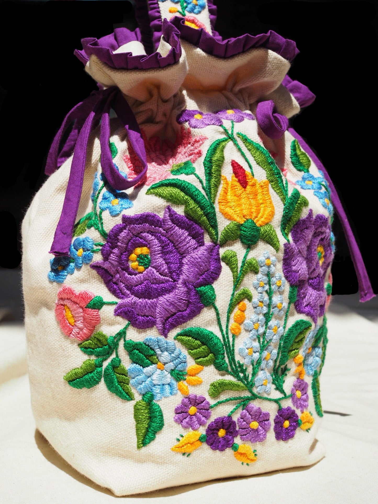 Hand-Embroidered Floral Drawstring Bag – Original Design, One of a Kind