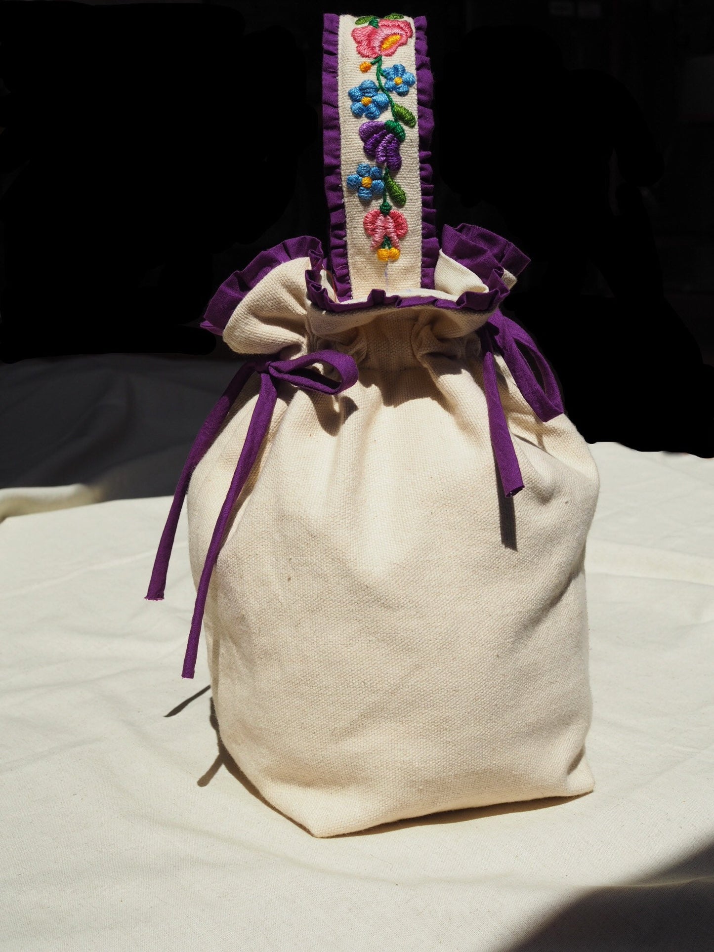 Hand-Embroidered Floral Drawstring Bag – Original Design, One of a Kind