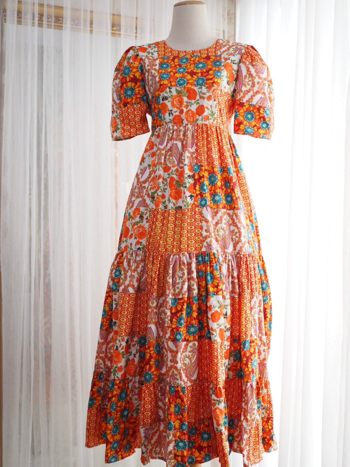 Orange Floral Patchwork Babydoll Maxi Dress – One of a Kind