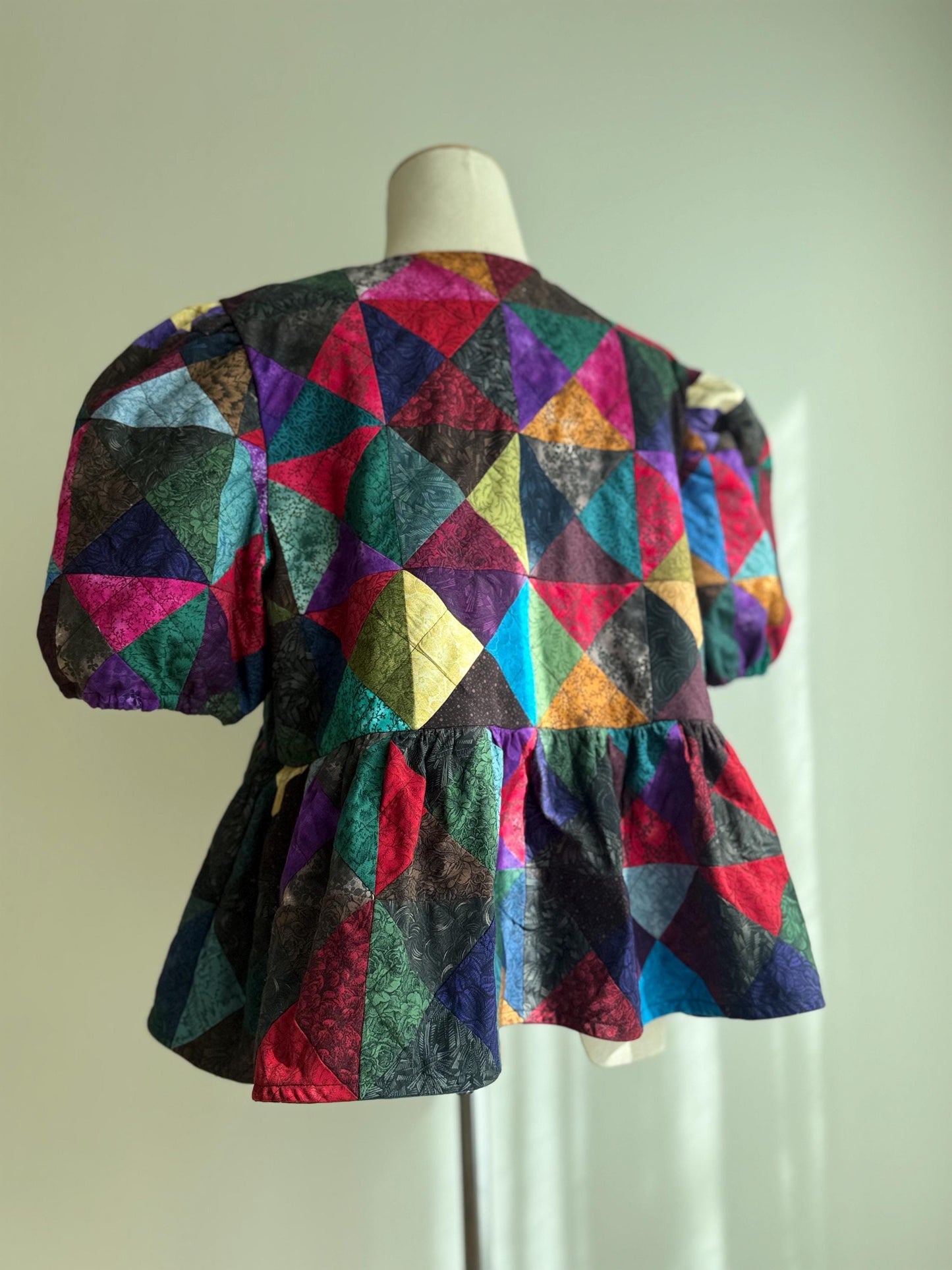 Handmade Patchwork Peplum Top – Puff Sleeve Cotton Blouse