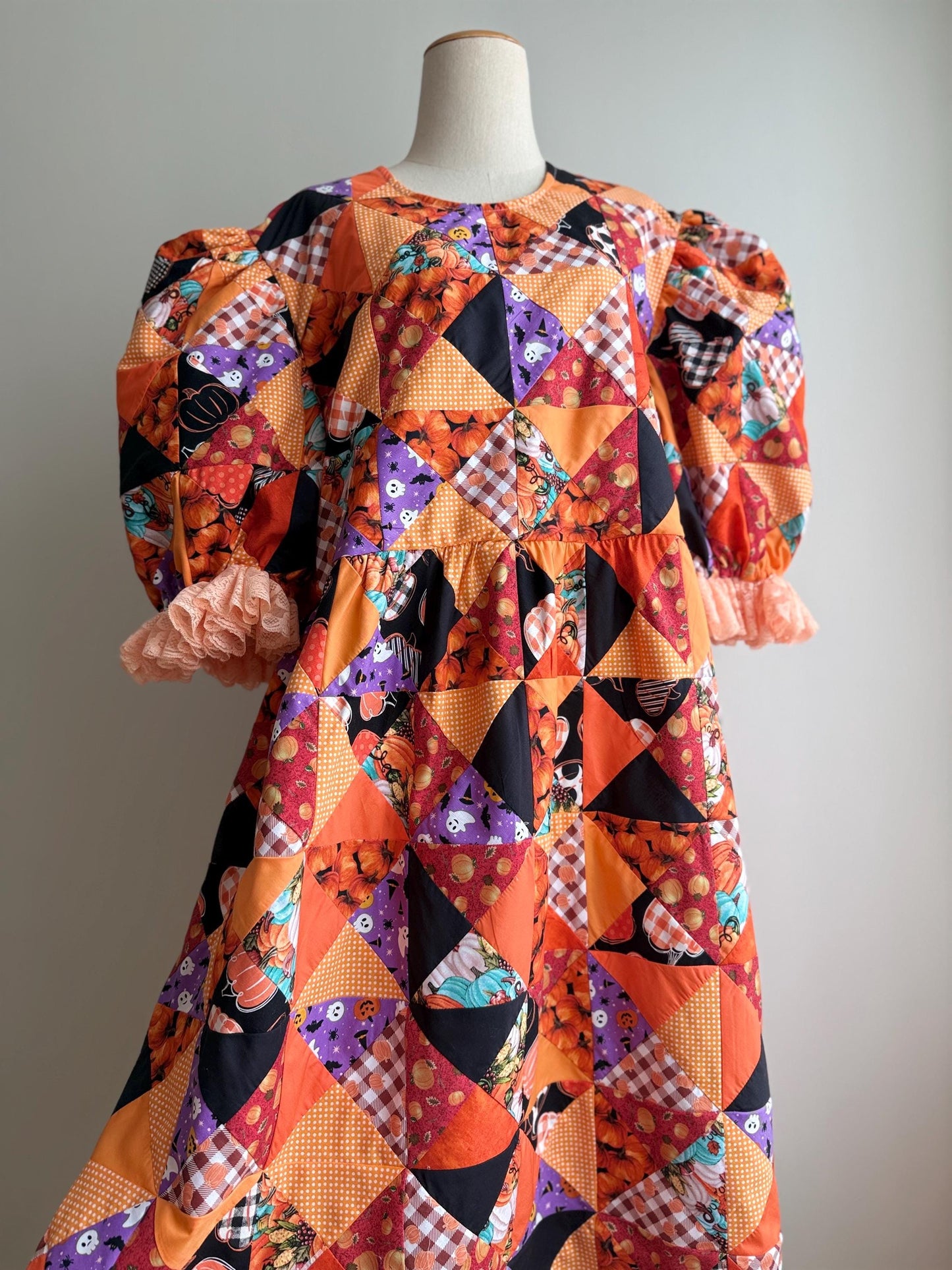 Orange Halloween Patchwork Babydoll Midi Dress with Lace – One of a Kind