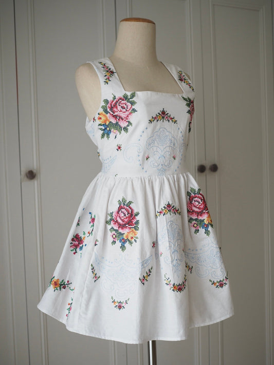 Upcycled Cross-Stitch Tablecloth Mini Dress – One of a Kind