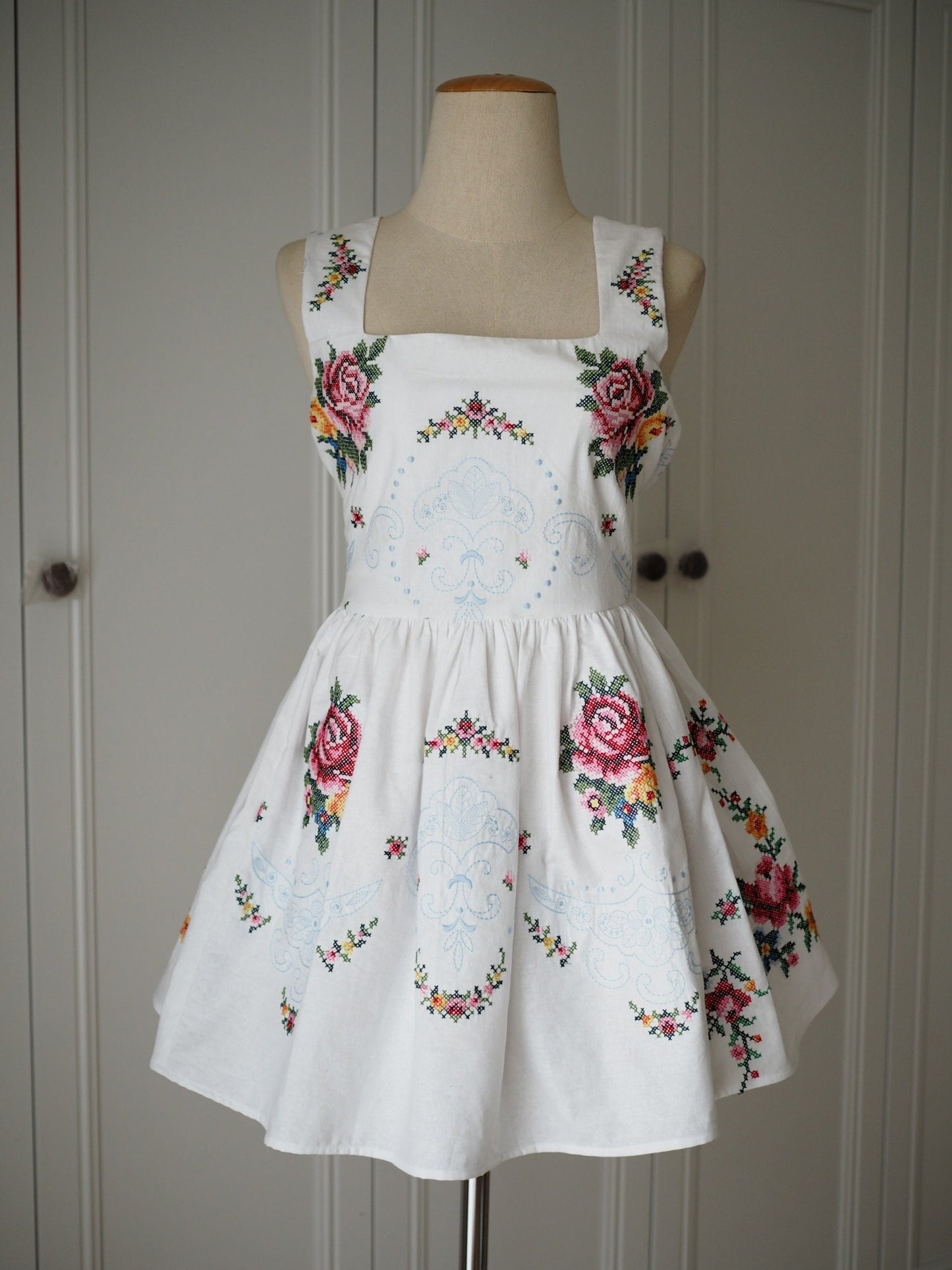 Upcycled Cross-Stitch Tablecloth Mini Dress – One of a Kind