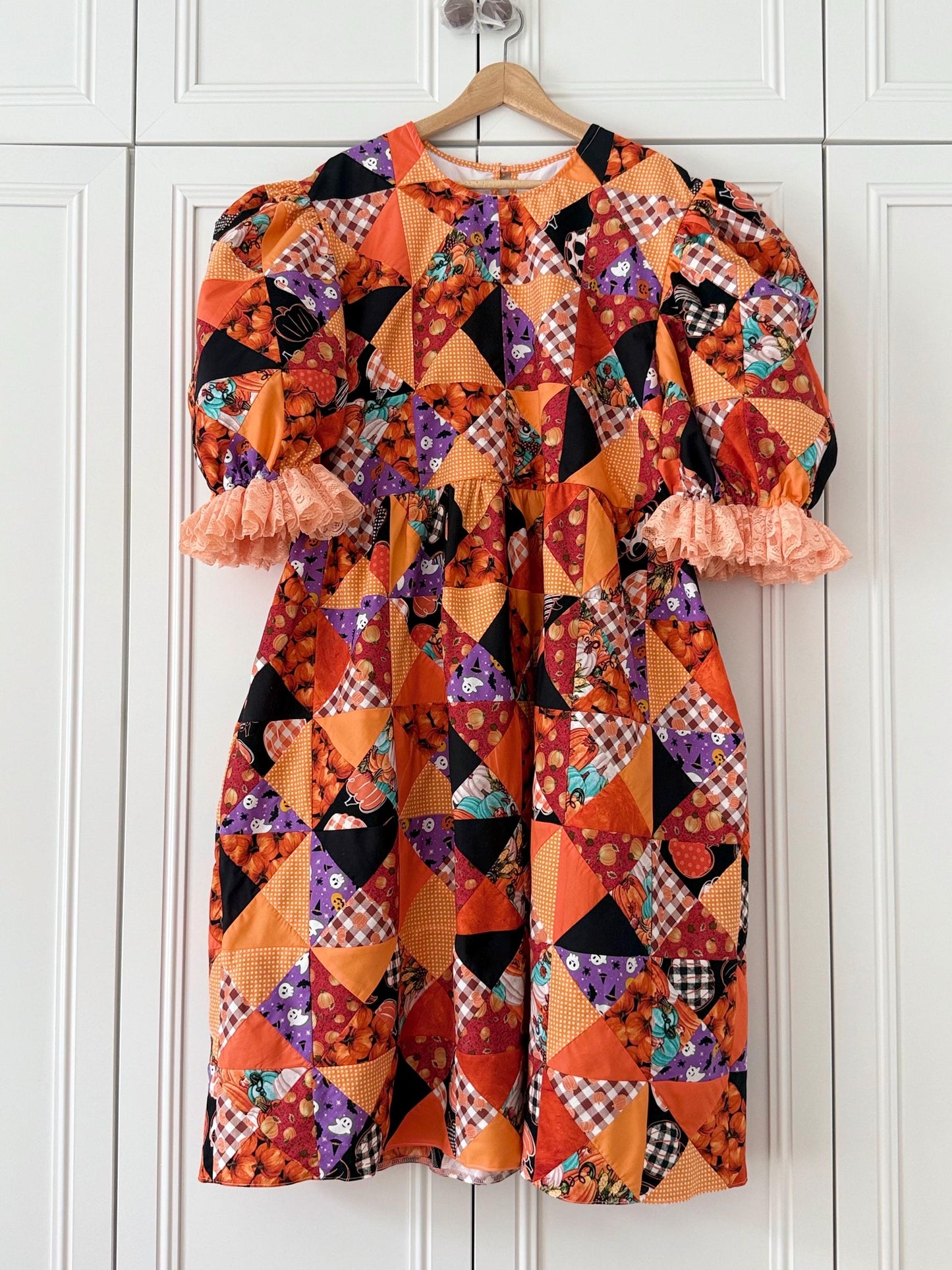 Orange Halloween Patchwork Babydoll Midi Dress with Lace – One of a Kind