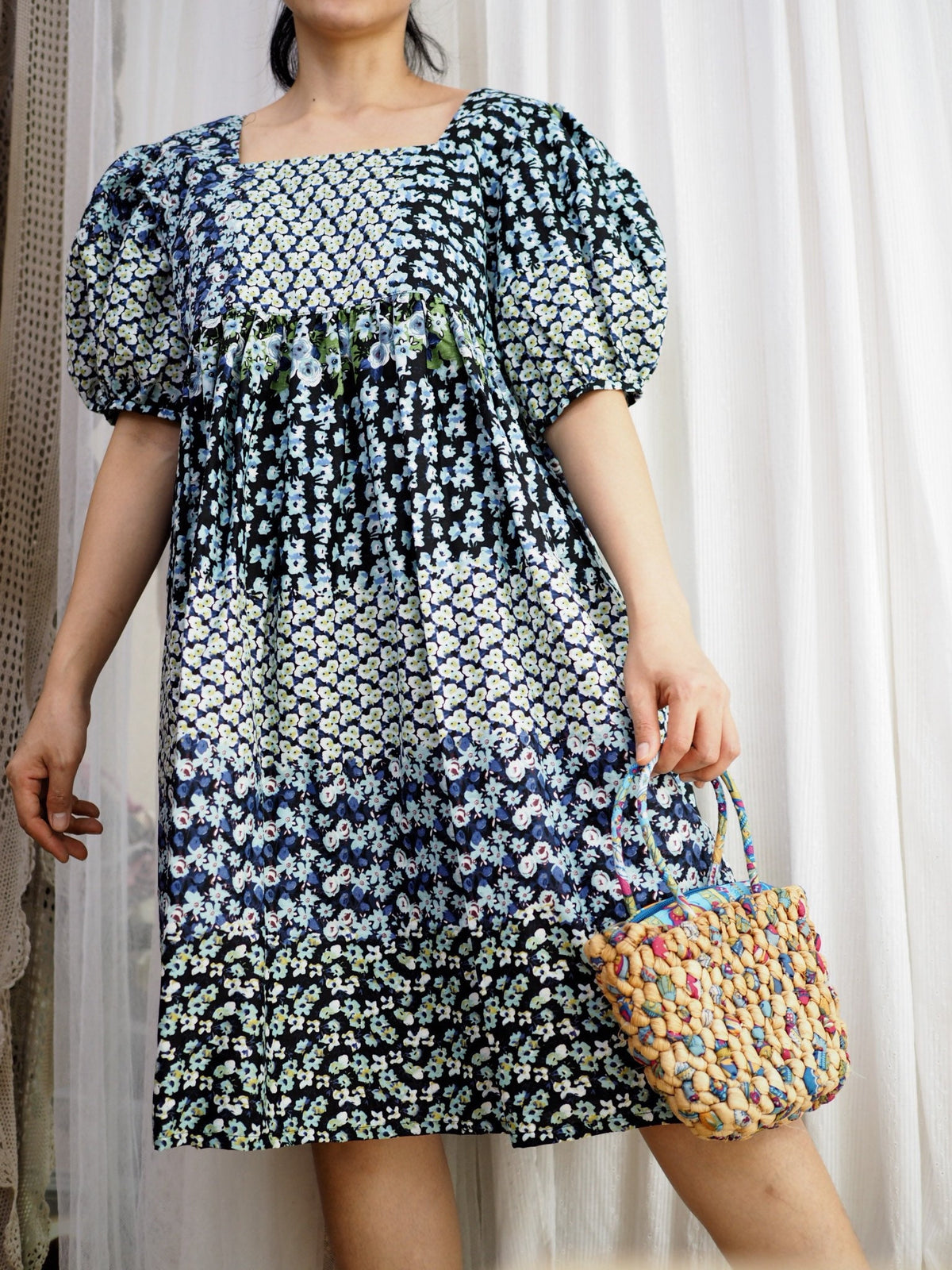 Blue Floral Cotton Babydoll Midi Dress