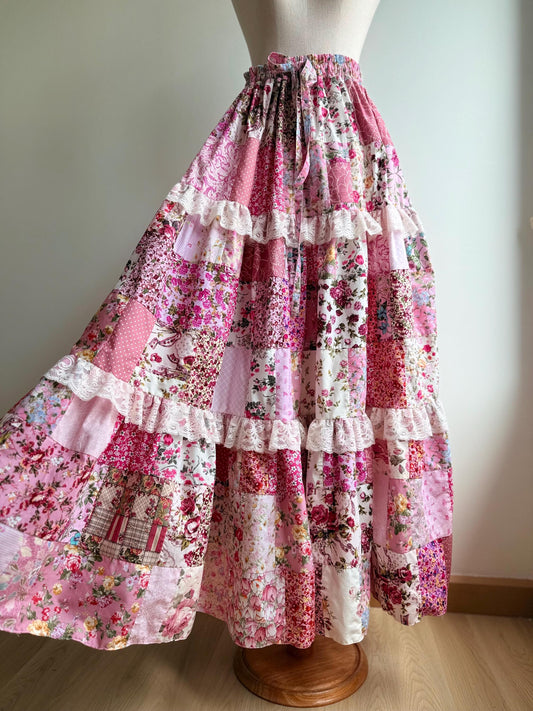 Handmade Pink Floral Patchwork Maxi Skirt – Cotton Skirt with Lace Trim