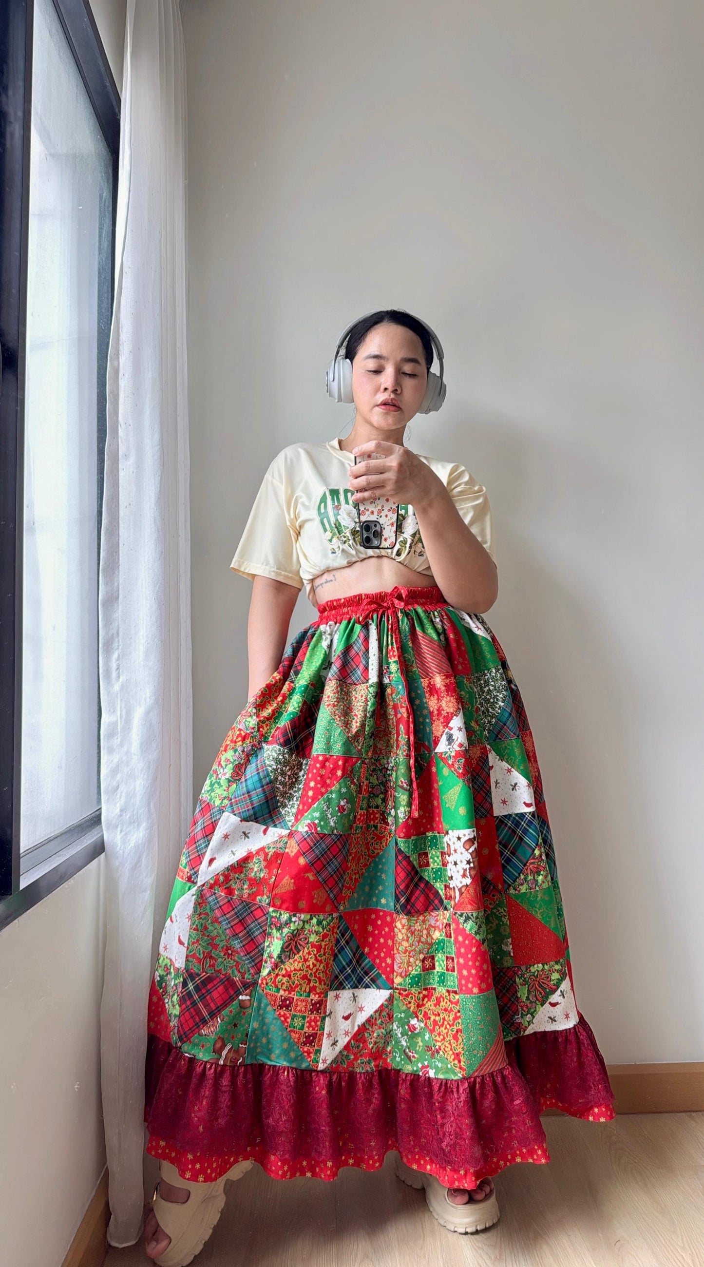 Handmade Christmas Patchwork Midi Skirt – Festive Cotton Skirt