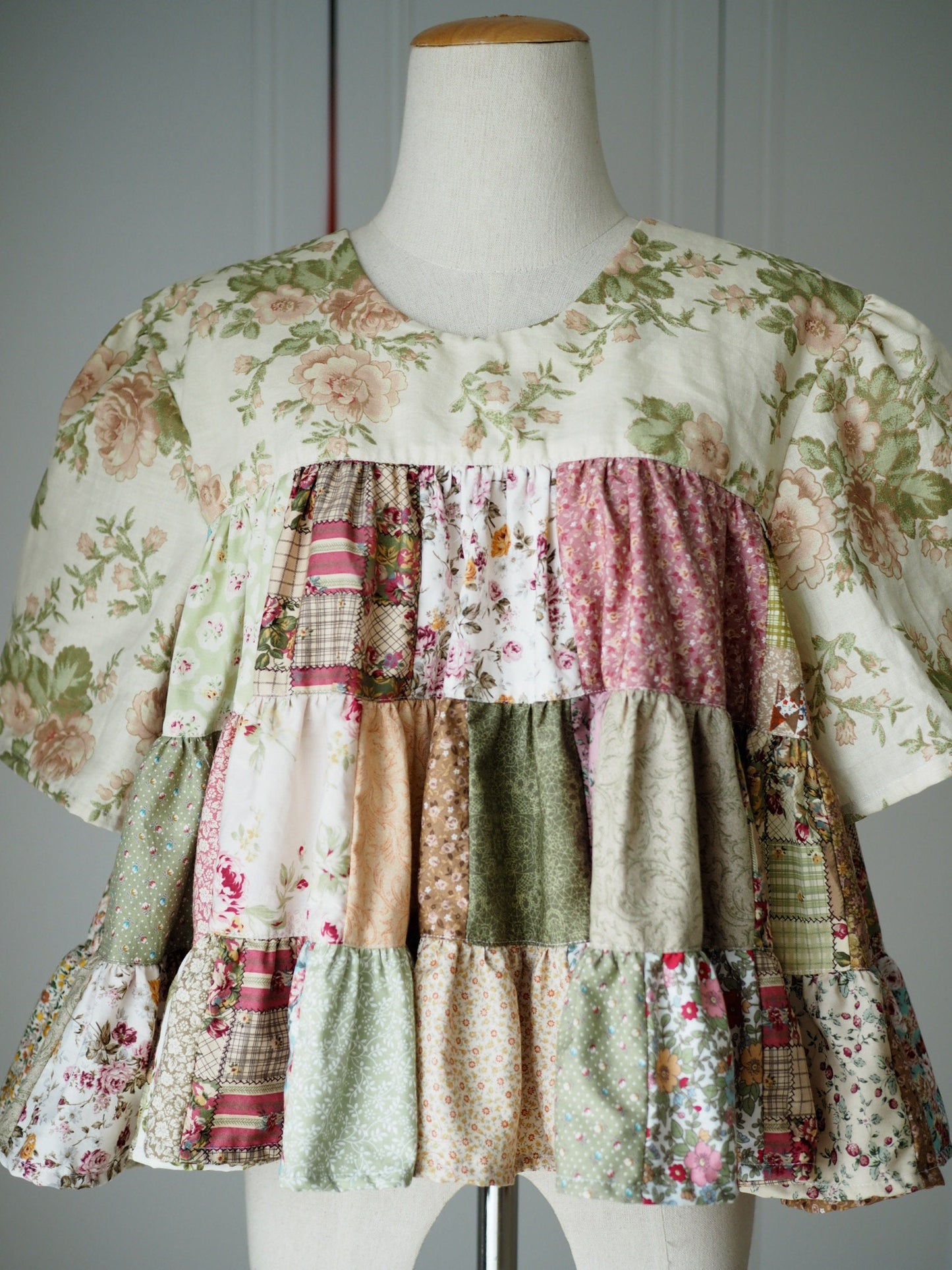 Handmade Floral Patchwork Babydoll Top – Cotton Tiered Blouse