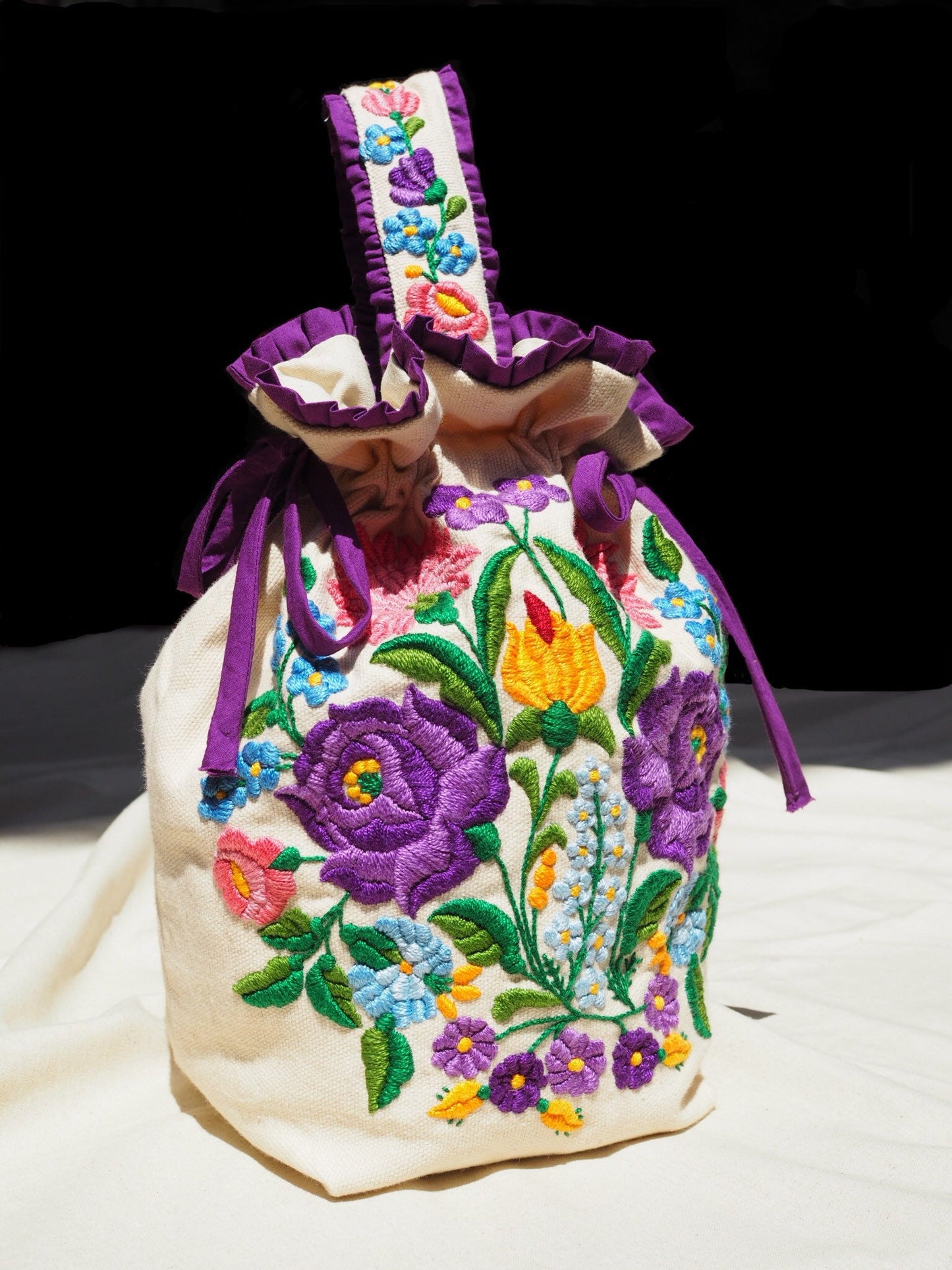 Hand-Embroidered Floral Drawstring Bag – Original Design, One of a Kind