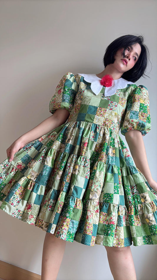 Green Floral Patchwork Babydoll Dress with White Collar – One of a Kind