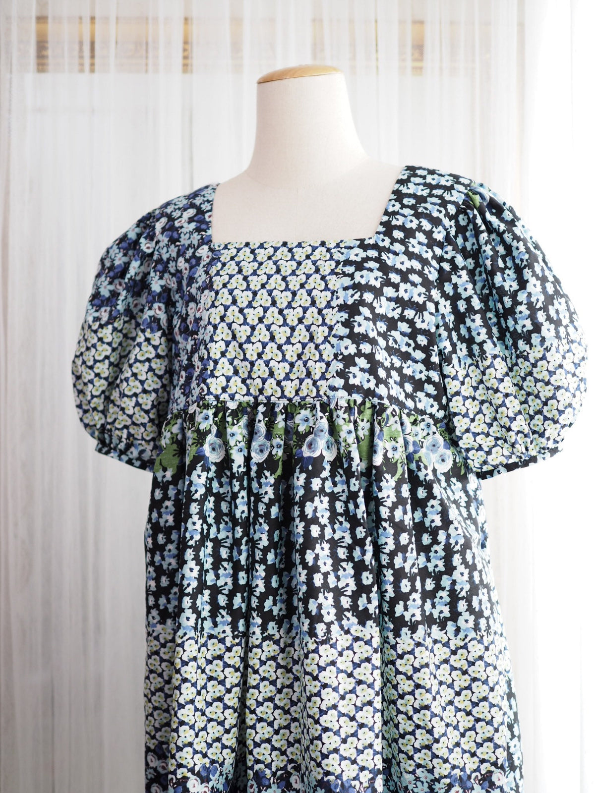 Blue Floral Cotton Babydoll Midi Dress