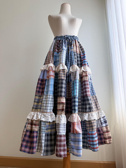 Handmade Plaid Patchwork Maxi Skirt – Cotton Tiered Skirt with Lace Trim
