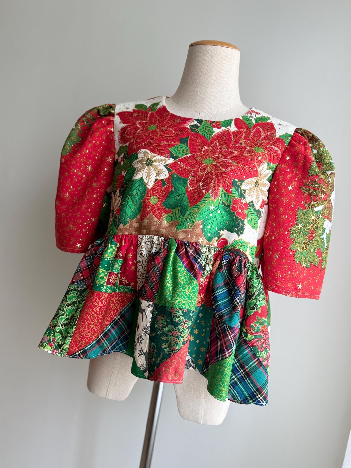 Christmas Patchwork Peplum Blouse – One of a Kind