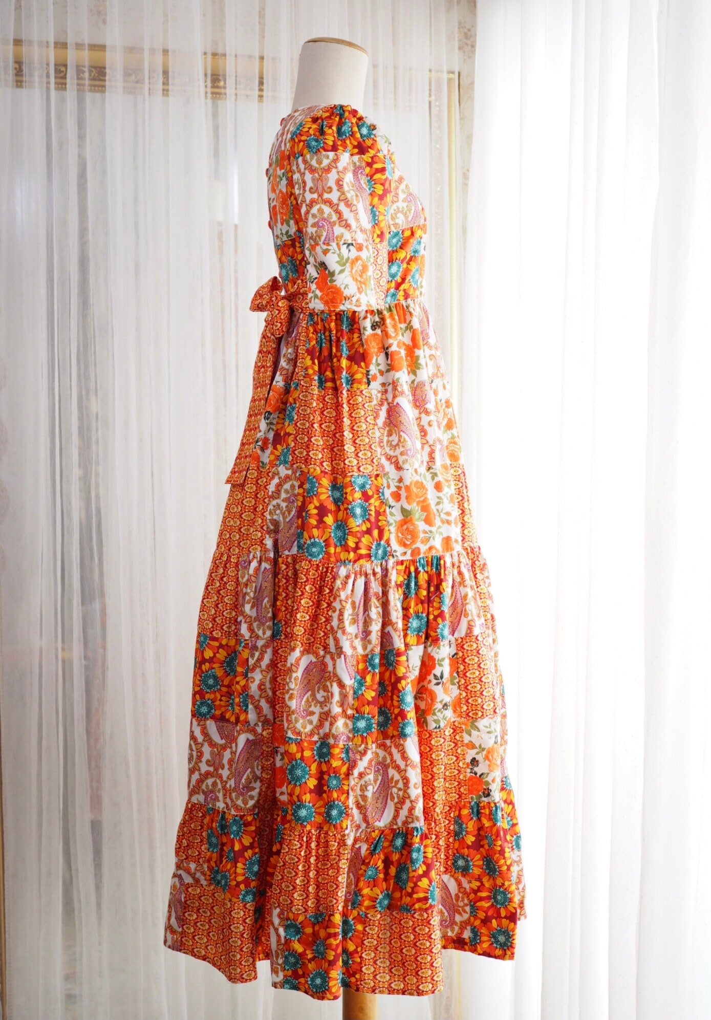 Orange Floral Patchwork Babydoll Maxi Dress – One of a Kind