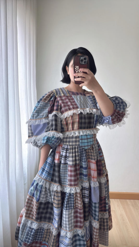 Plaid Patchwork Midi Dress with Lace & Puff Sleeves – One of a Kind