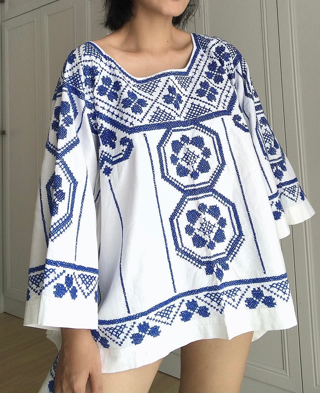 Upcycled Blue Cross-Stitch Linen Poncho Top – One of a Kind
