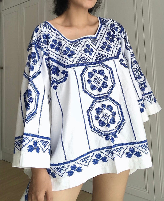 Upcycled Blue Cross-Stitch Linen Poncho Top – One of a Kind