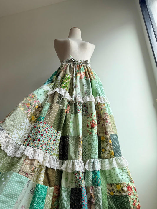 Handmade Green Floral Patchwork Maxi Skirt – Cotton Skirt with Lace Trim