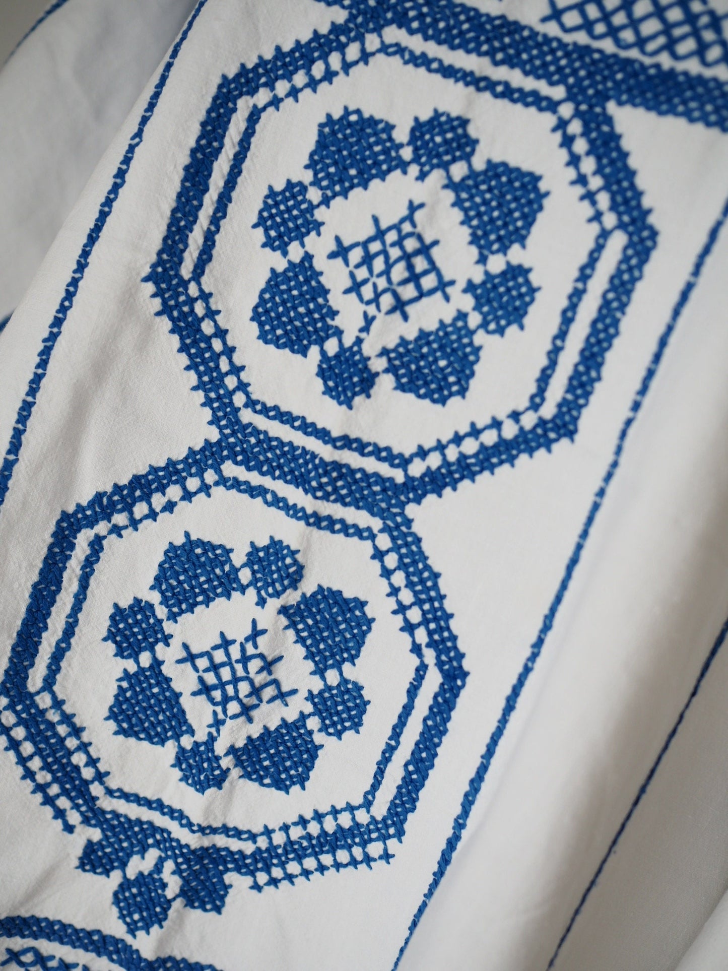 Upcycled Blue Cross-Stitch Linen Poncho Top – One of a Kind