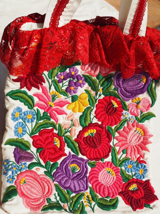 Hungarian-Inspired Hand-Embroidered Floral Tote Bag – Original Design, One of a Kind