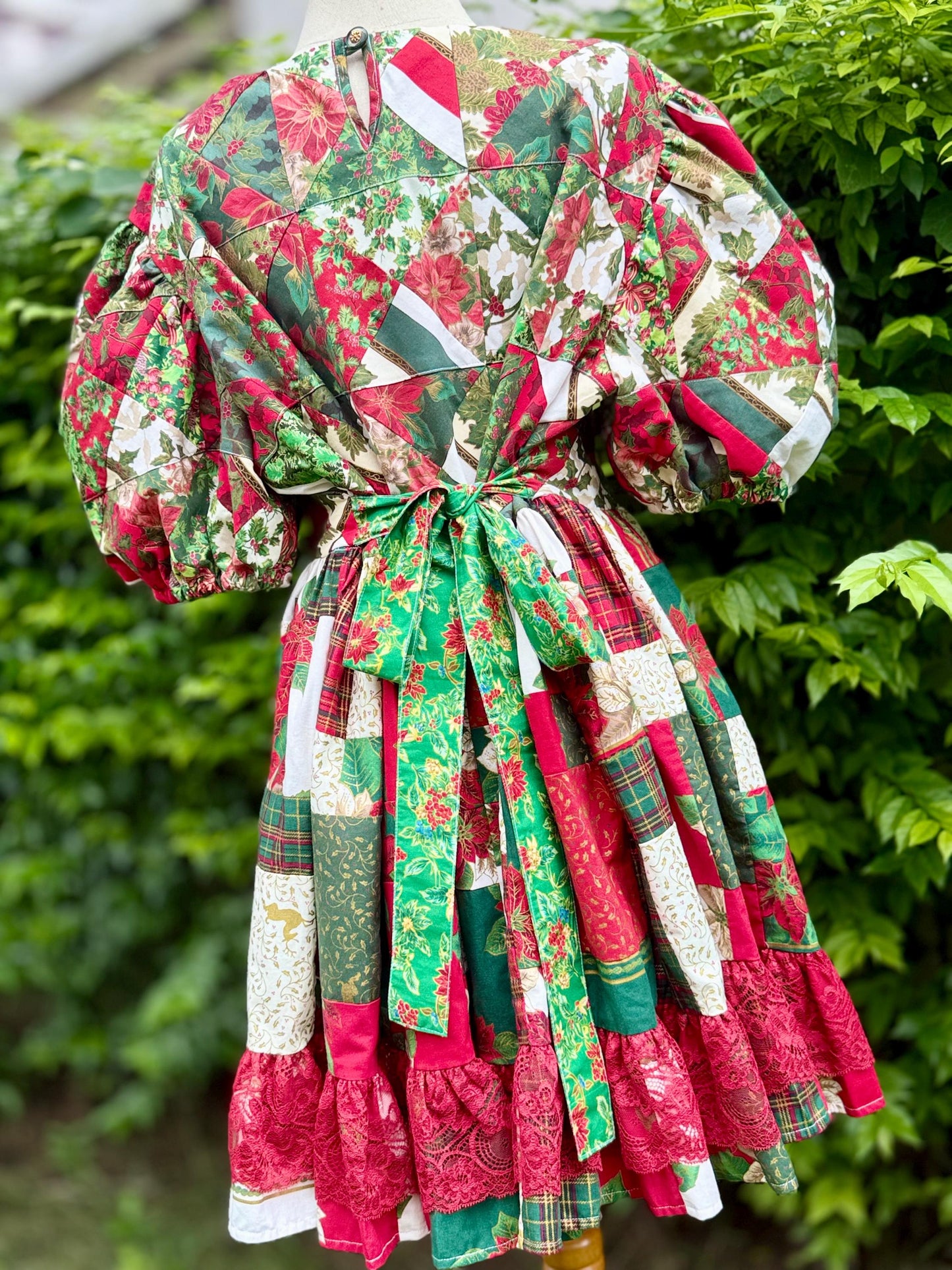 Red & Green Christmas Patchwork Babydoll Dress with Lace – One of a Kind