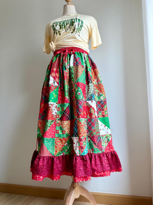 Handmade Christmas Patchwork Midi Skirt – Festive Cotton Skirt